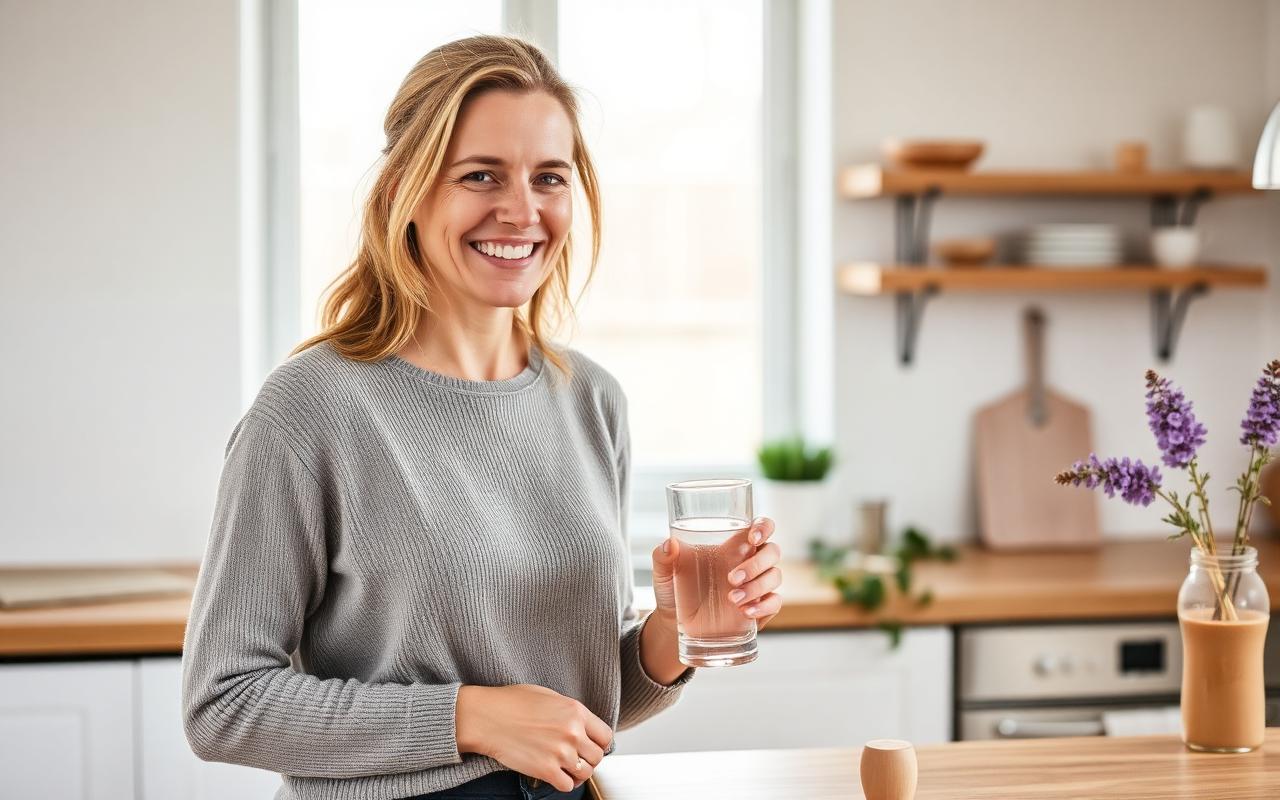 Swedish woman taking her daily UroVita Care capsule with water in a bright kitchen